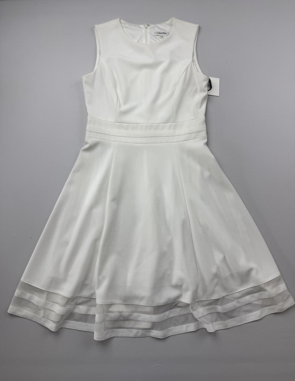 Calvin Klein Dress Womens 8 White Sleeveless Fit & Flare Sheer Hem Knee Length
